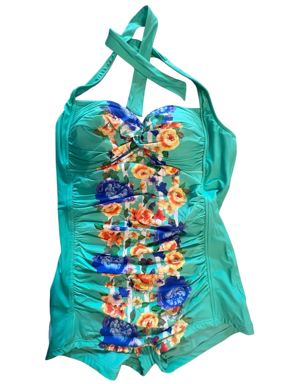 Seafolly Floral Ruched Front Boy-Leg One-Piece Halter Swimsuit Size 14 - Picture 4 of 9